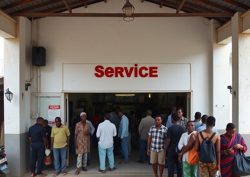 Before — A single line for every transaction type, with the wait piling up at the entrance.